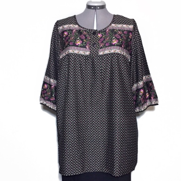 Hannah Tops - Hannah Brown & Pink Boho Flowy Blouse Top XL